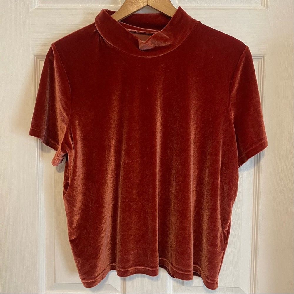 Madewell Crushed Velvet Mock Neck Top Burnt Orange Turtleneck XL Short Sleeve